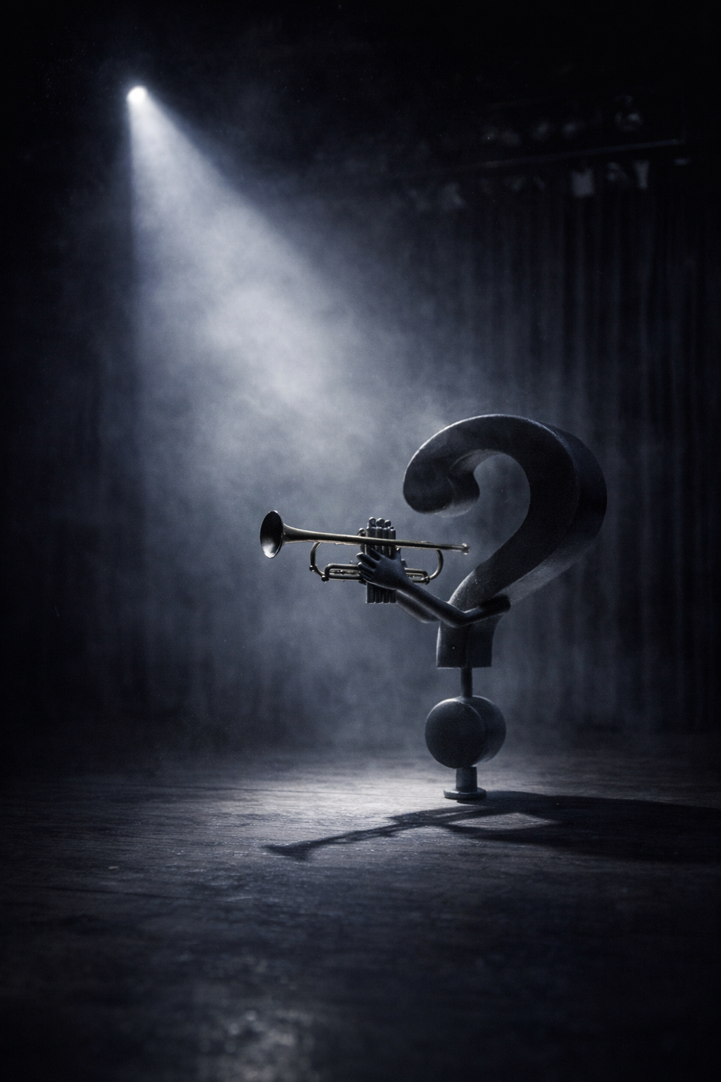 Ein Fragezeichen spielt Trompete